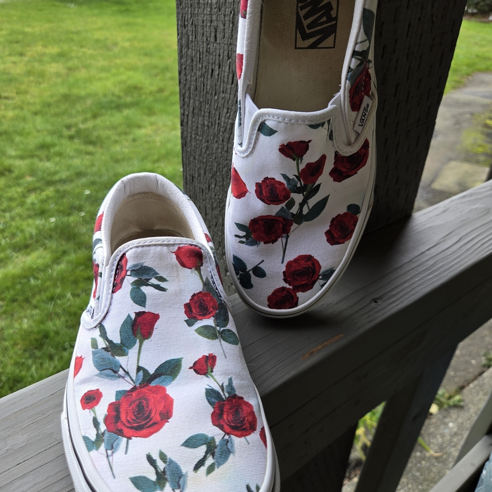 Vans White Slip-On Shoes with Red Rose Print